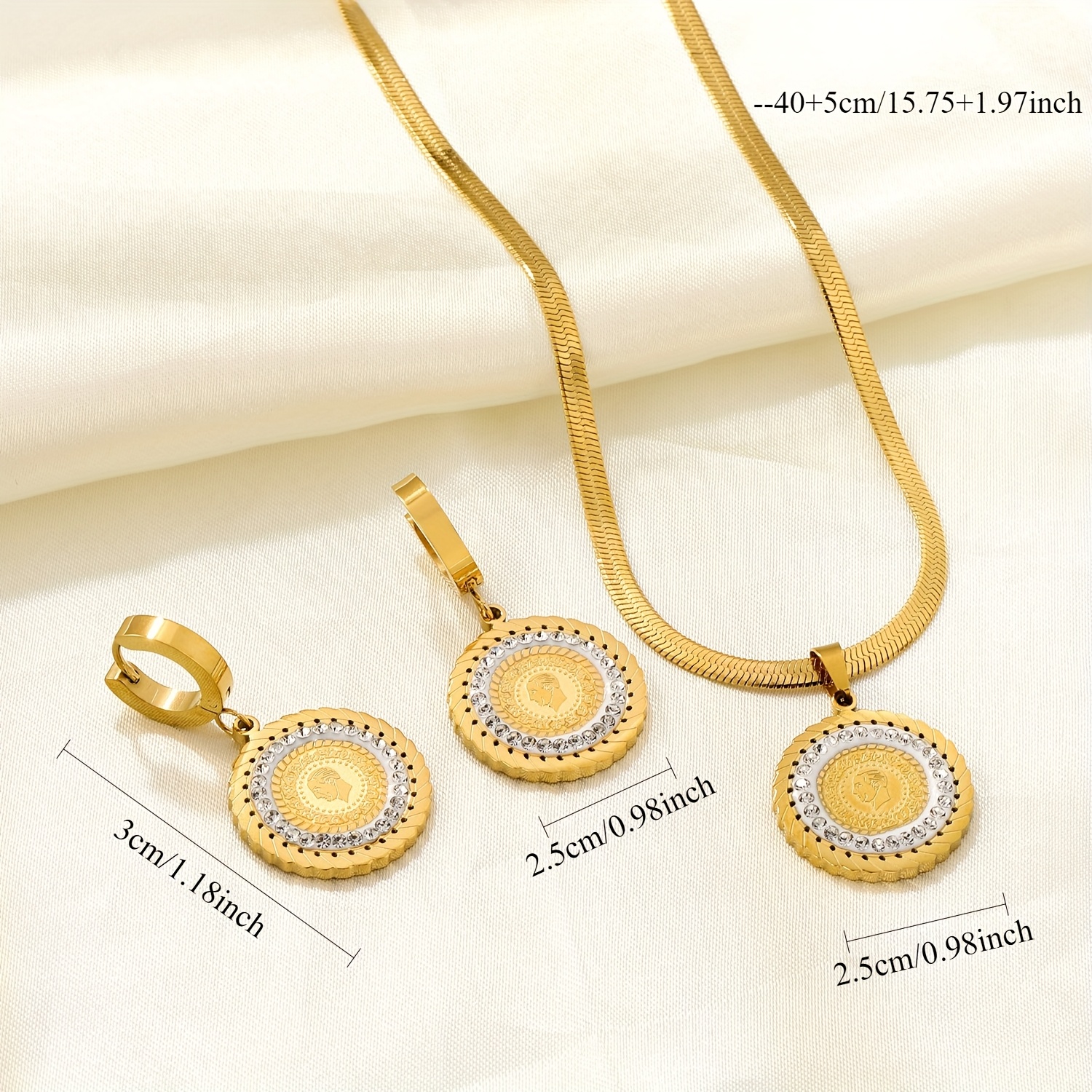3pcs Golden Portrait Necklace and Earrings Set